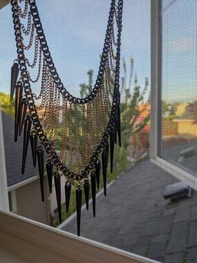 Macys Black and Gold Chain Fringe Spike Necklace, Statement Piece